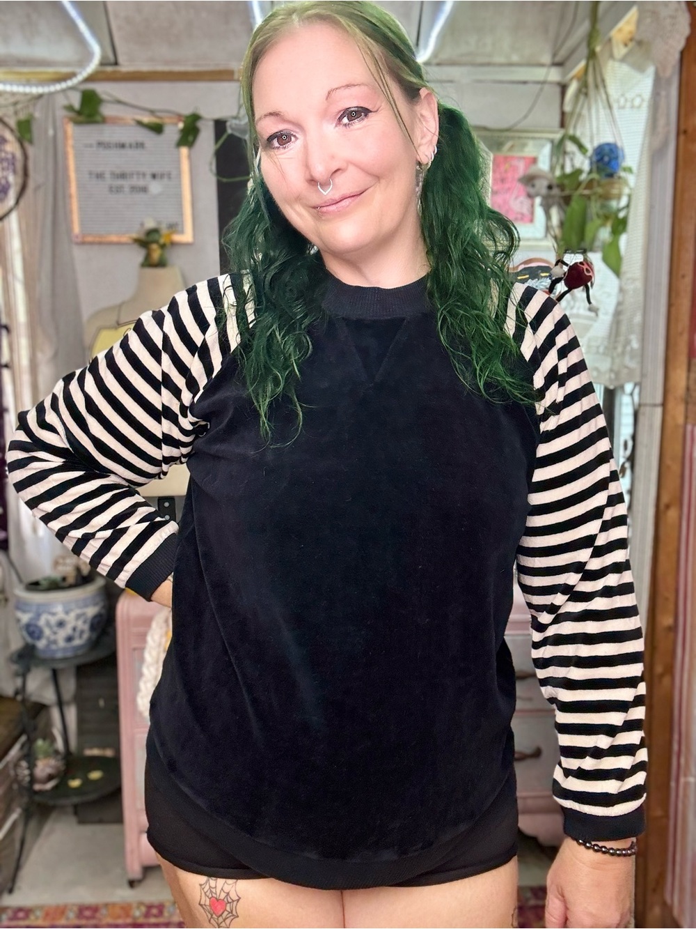 Vintage Chaus Sport Black Velvet Pullover with Black-and-White Striped Sleeves